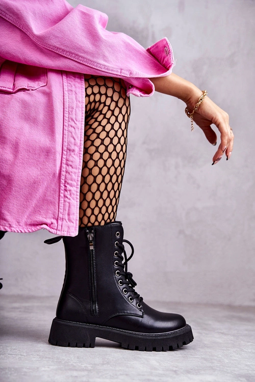 Skórzane Ocieplane Botki Workery wiązane Czarne Maria