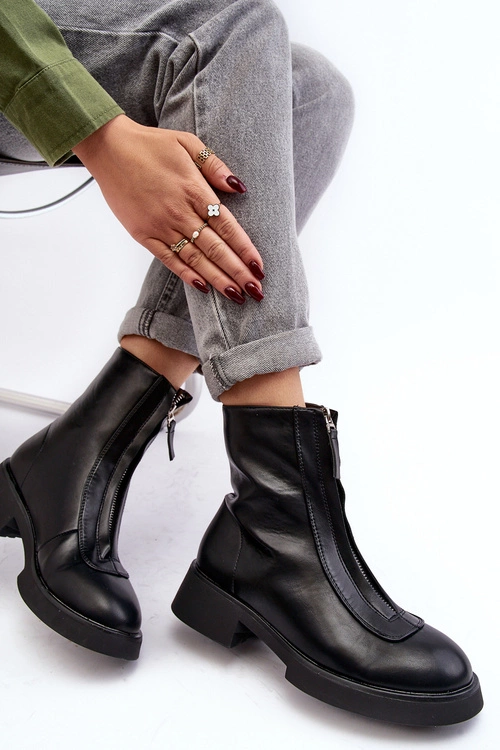 Damskie Botki Na Płaskim Obcasie Z Suwakiem Czarne Elkasa