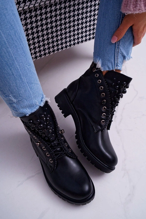 Damskie Botki Z Perełkami Ciepłe Czarne Memer