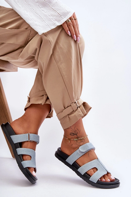 Materiałowe Damskie Klapki Na Rzep Jasnoniebieskie Jose