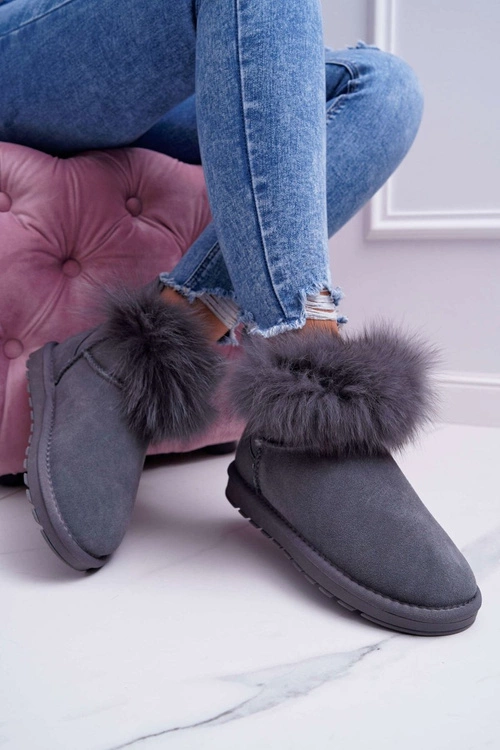 Damskie Botki Śniegowce Ocieplane Futerkiem Skóra Zamsz Szare Memento