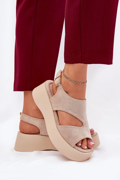 Sandały Damskie Na Platformie Eko Zamszowe Beżowe Karonia