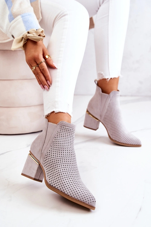 Zamszowe Botki Kowbojki Ażurowe Szare Helloni