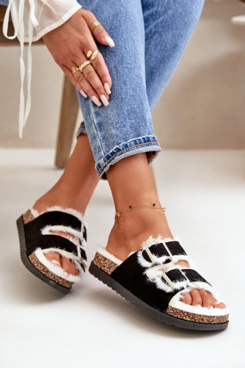 Damskie Kapcie Klapki Z Klamrami I Futerkiem Czarne Ezilena