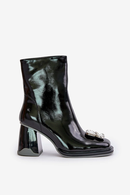 Lakierowane Botki Damskie Na Słupku Z Ozdobą D&A MR880-019 Czarne