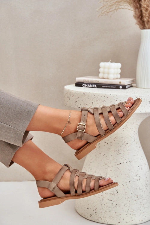 Skórzane Sandały Na Płaskim Obcasie Zazoo 3686 Ciemnobeżowe