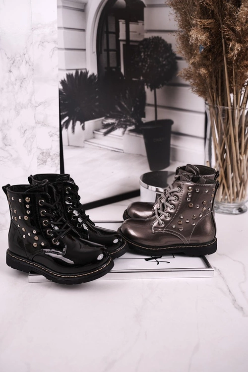 Dziecięce Ocieplane Botki z Dżetami Lakierowane Szare Fame