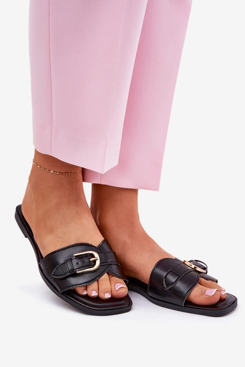 Płaskie Klapki Damskie Ze Złotą Klamrą Czarne Esiobb