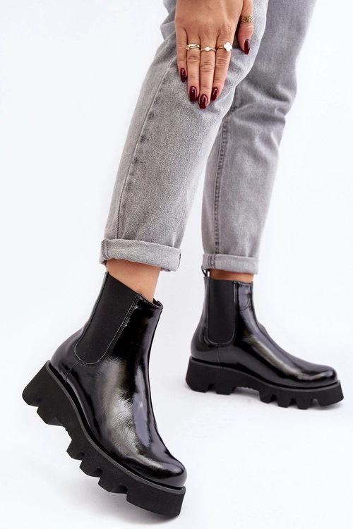 Botki Sztyblety Damskie Skórzane Na Masywnej Podeszwie Laura Messi 2571 Czarne