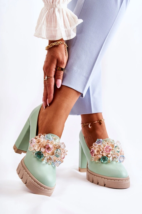 Eleganckie Czółenka Z Ozdobą Gładkie Zielone Caterine