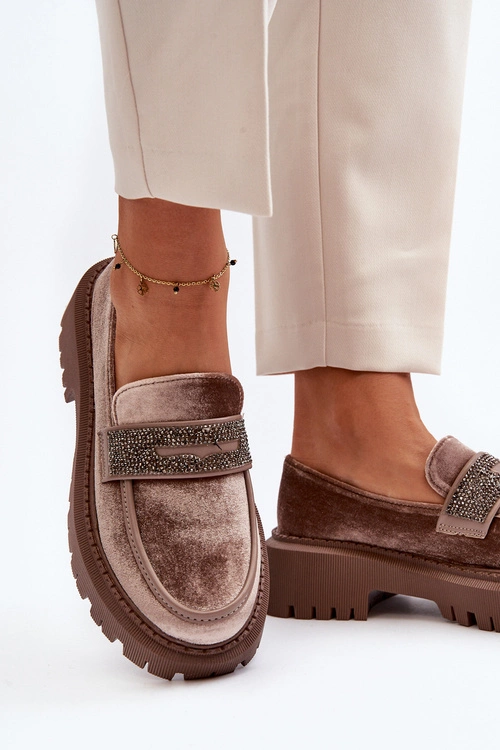 Damskie Welurowe Mokasyny Z Ozdobą Brązowe Wendreda