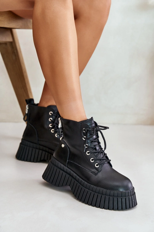 Ocieplane Skórzane Botki Trapery Na Masywnej Podeszwie GOE OO2N4126 Czarne