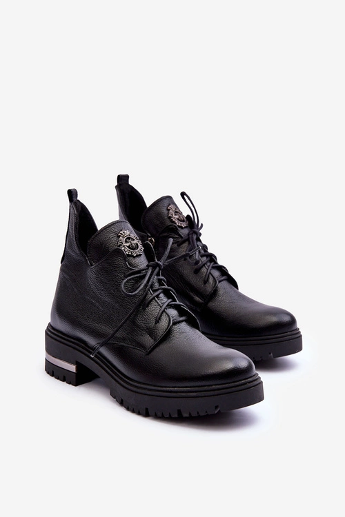 Zazoo 60309 Damskie Skórzane Botki Na Płaskim Obcasie Czarne