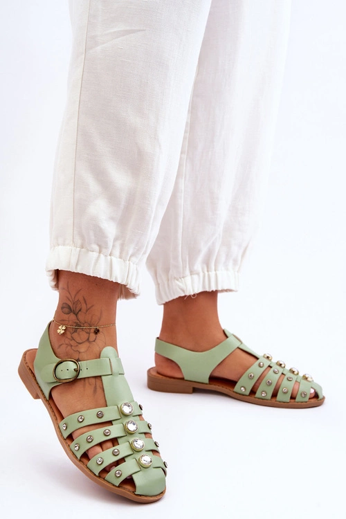 Damskie Płaskie Sandały Z Cyrkoniami Zielone Ascot