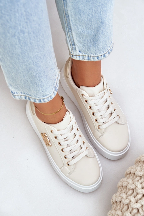 Sneakersy Damskie Na Platformie Beżowo-Złote Temittes