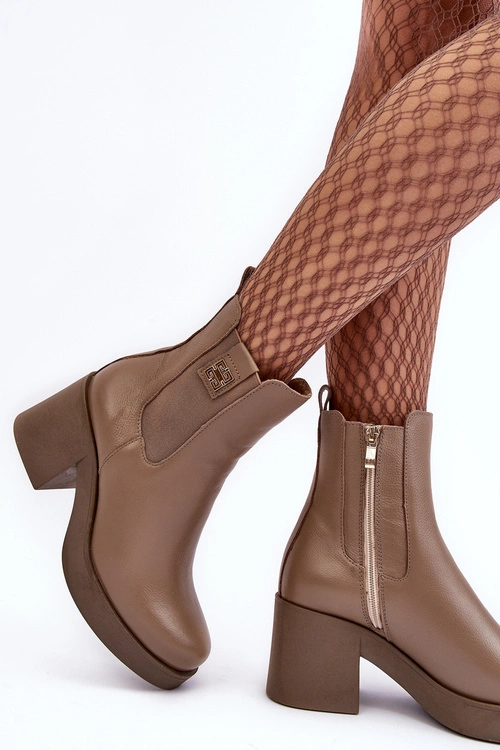 Skórzane Damskie Botki Na Obcasie Lemar Brązowe Kodra