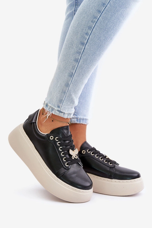 Skórzane Sneakersy Damskie Na Platformie Z Przypinką Vinceza 89101 Czarne