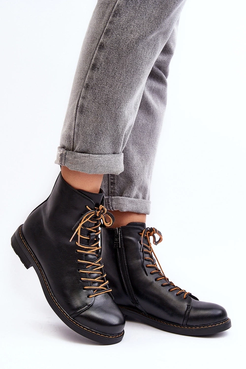 Skórzane Botki Trzewiki Damskie Czarne Ethel