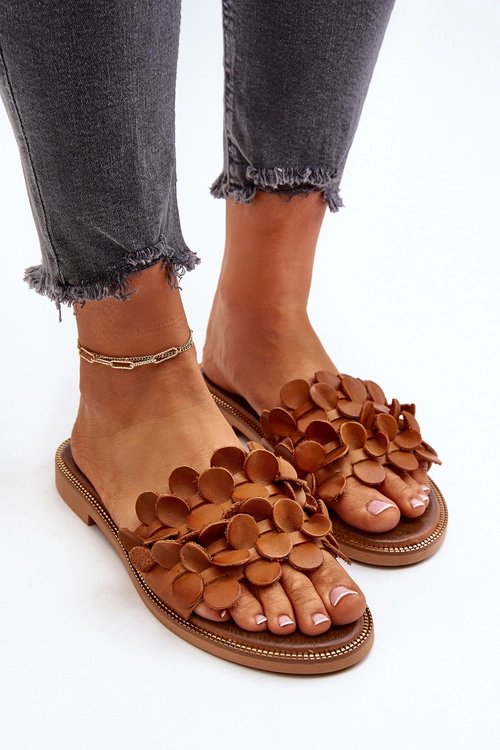 Zazoo 40381 Damskie Skórzane Klapki Na Płaskim Obcasie Brązowe