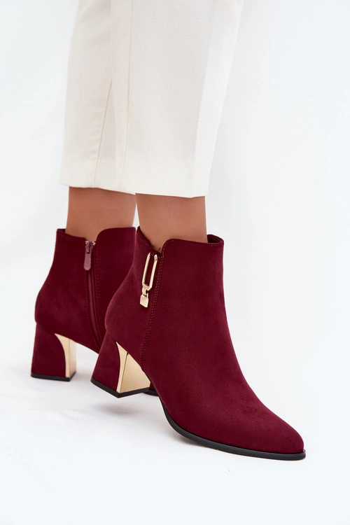 Botki Damskie Na Słupku Ze Złotymi Detalami Bordowe Kalivra