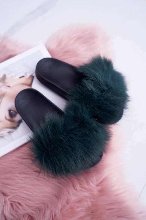 Klapki Damskie Z Futerkiem Zielone Mellow