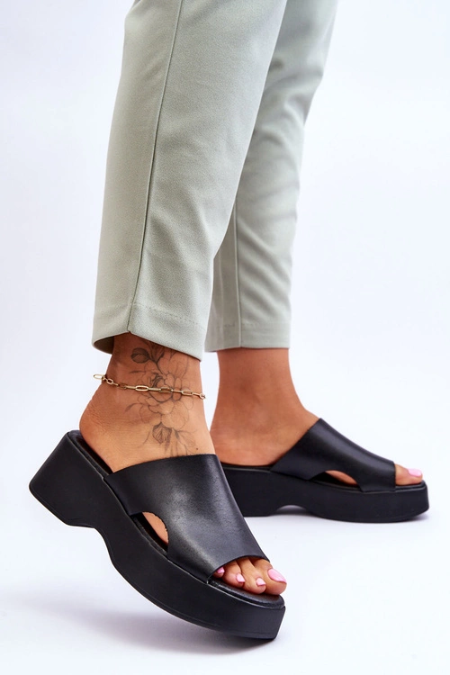 Damskie Klapki Skórzane Na Platformie Czarne Lemar Lucami