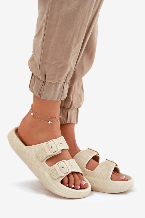 Klapki Damskie Na Platformie Z Klamrami Beżowe Nitiana