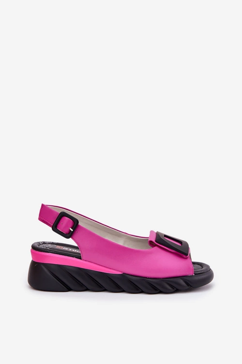 Skórzane Sandały Damskie Na Koturnie z Ozdobą Artiker 56C1571 Fuksja