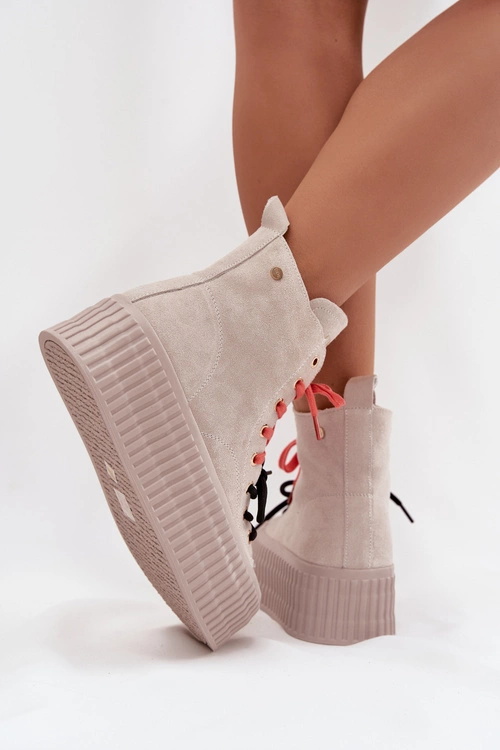 Zamszowe Ocieplane Trampki Damskie Na Masywnej Platformie GOE SS2N4047 Beżowe