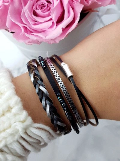 Damska Bransoleta Rzemień Szeroka Czarna Michiko