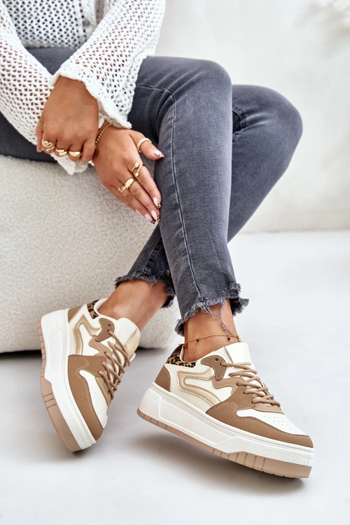 Damskie Sneakersy Z Eko Skóry Na Platformie Panterka Beżowe Henizore