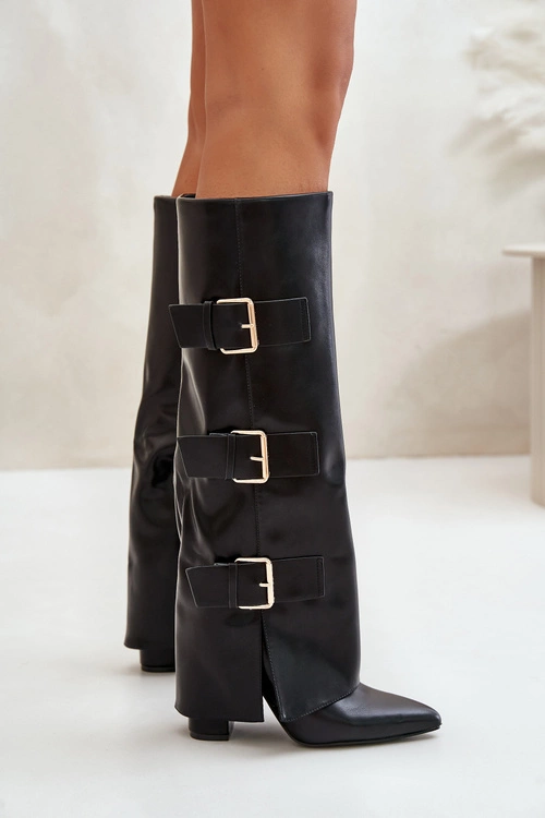 Ocieplane Kozaki Damskie Na Słupku Z Wywiniętą Cholewką I Klamrami Czarne Piregonia