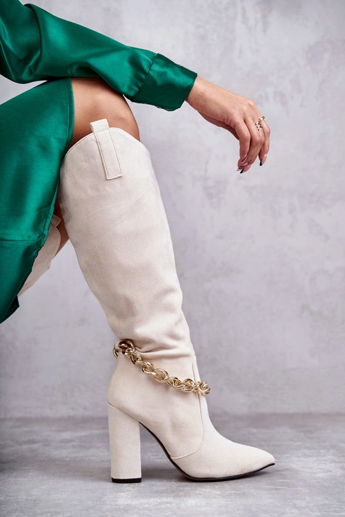 Damskie Zamszowe Ocieplane Kozaki Z Łańcuchem Jasnobeżowe Jasmin