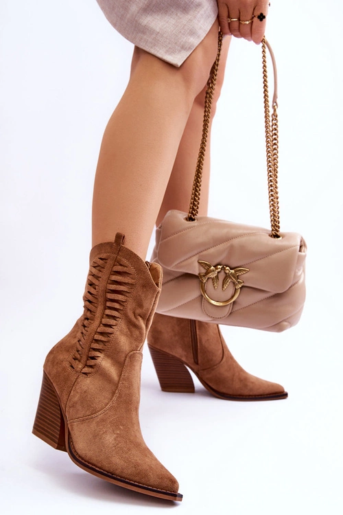 Damskie Zamszowe Kowbojki Botki Na Suwak Brązowe Lanna