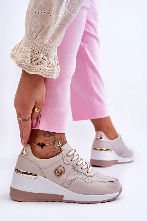 Damskie Skórzane Buty Sportowe Na Koturnie Beżowe Rebeca