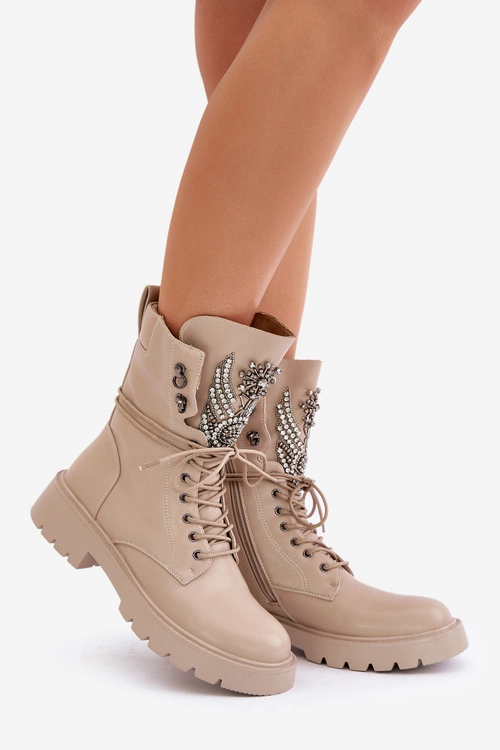 Eko Skórzane Botki Workery Ze Zdobieniem Ocieplane D&A MR880-080 Beżowe
