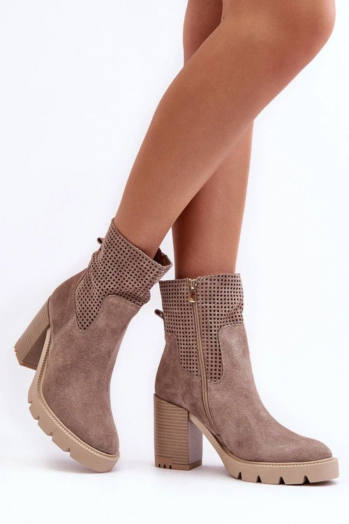 Zamszowe Ażurowe Botki Damskie Na Słupku Beżowe Lewski 3386