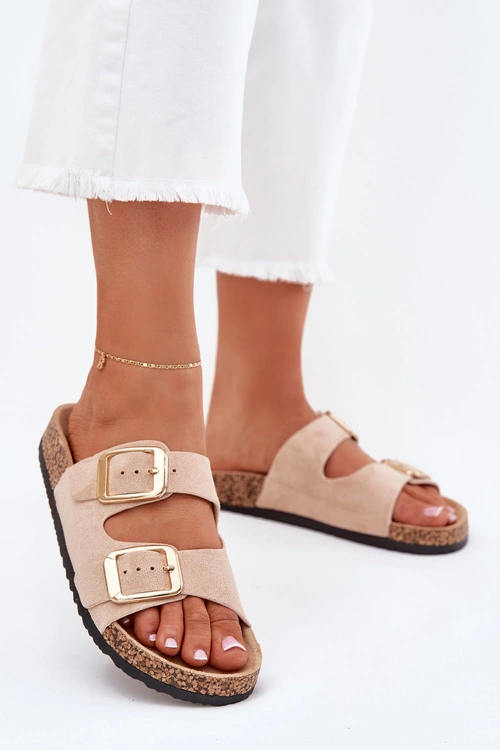 Klapki Damskie Z Eko Zamszu Złote Klamry Beżowe Vorella