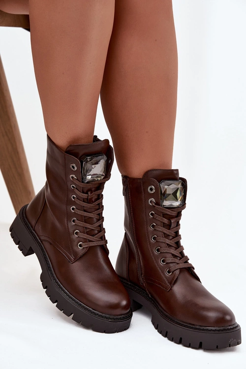 Botki Workery Damskie Z Ozdoba Eko Skórzane Czekoladowe Karessa