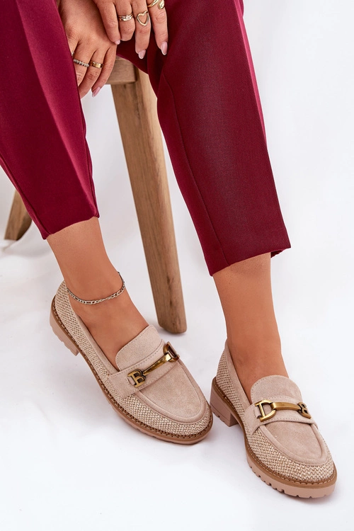 Mokasyny Damskie Z Plecionką I Złotym Detalem Beżowe Seffolia