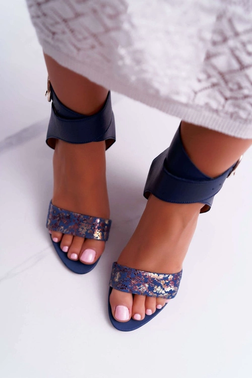 Skórzane Damskie Sandały Maciejka Na Słupku Granatowe 03597