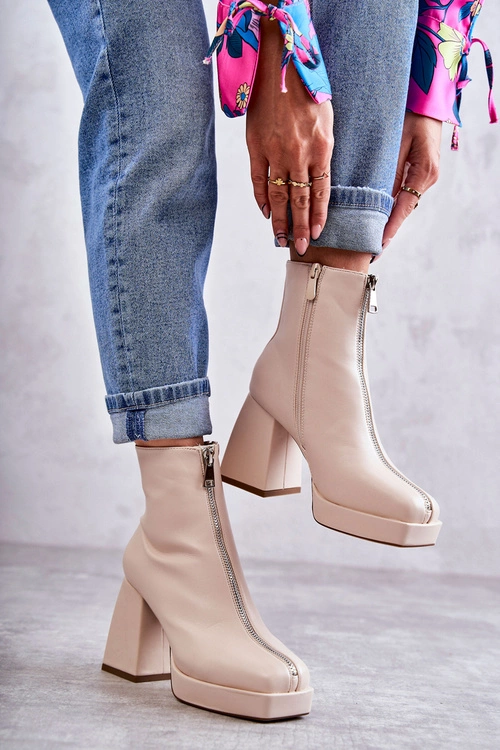 Damskie Botki Na Masywnym Obcasie Z Suwakiem Beżowe Carrera