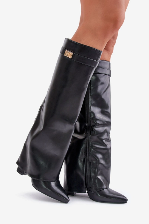 Kozaki Damskie Eko Skórzane Z Wywiniętą Cholewką Na Słupku Czarne Avamora