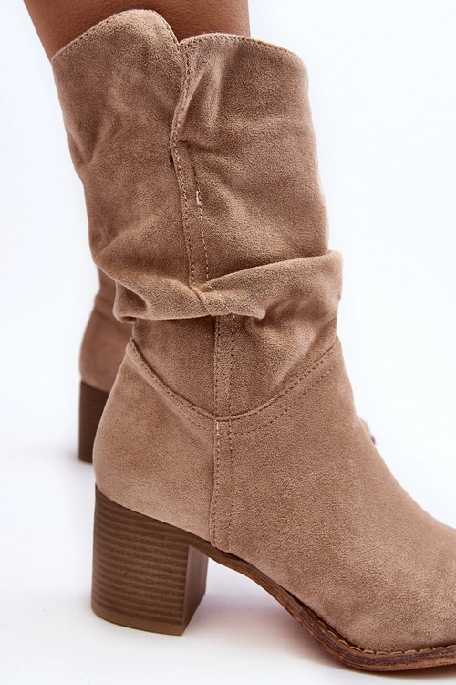 Botki Damskie Ocieplane Z Marszczoną Cholewką Na Słupku Beżowe Shavy