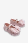 Dziecięce Balerinki Z Kokardą I Brokatem Na Rzep Srebrno-Różowe Elisa