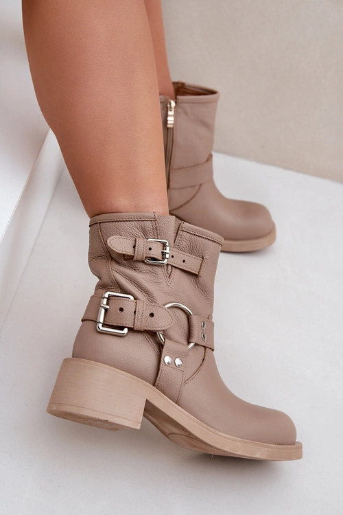 Skórzane Botki Damskie Na Niskim Obcasie Klocku Z Paskami Zazoo 3644 Beżowe