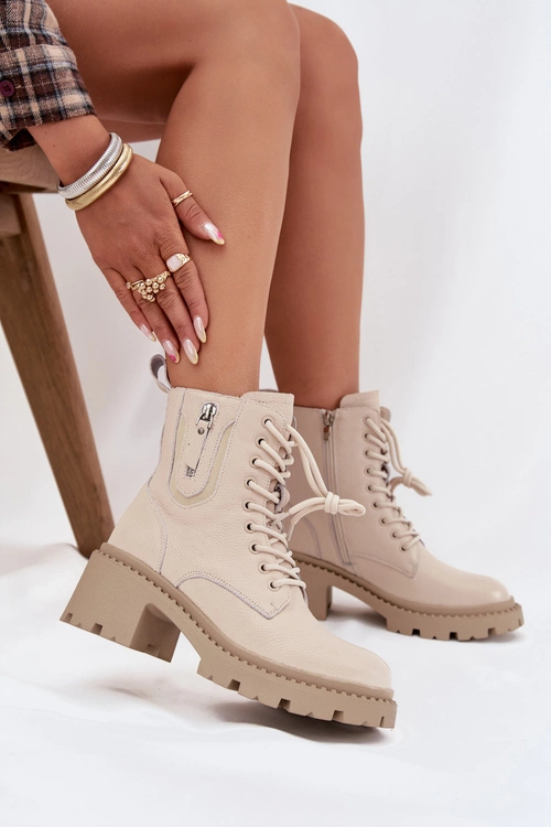Skórzane Botki Damskie Na Klocku Ocieplane Vinceza 86418 Beżowe