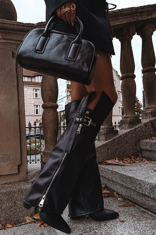 Ocieplane Kozaki Damskie Za Kolano Na Słupku Z Paskiem Klamrą I Srebrnym Zamkiem Czarne Reisa