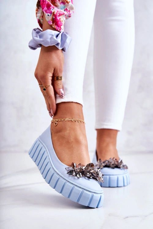 Skórzane Baleriny Na Platformie Z Ozdobą Jasnoniebieskie Ladette