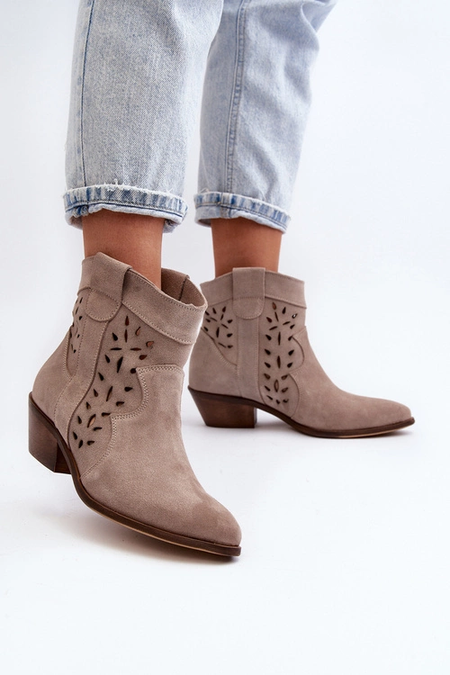 Zazoo 2870 Zamszowe Botki Na Niskim Obcasie Ażurowe Beżowe